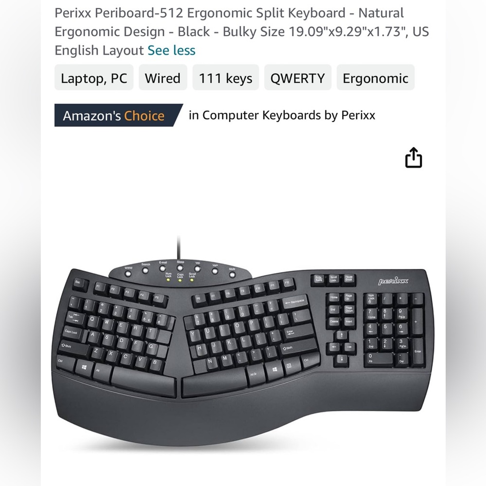 Perixx Periboard-512 ergonomic split black USB keyboard